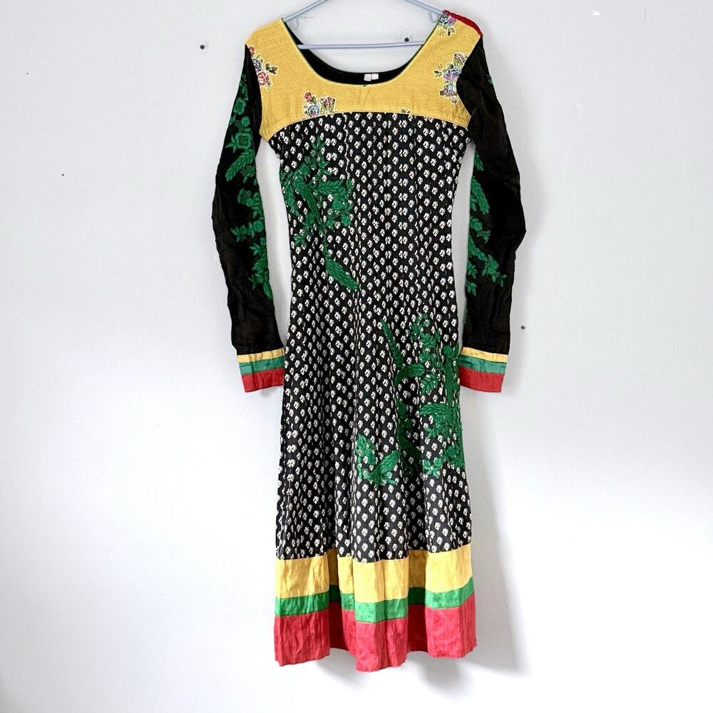 Indian Embroidered Kurti Womens Small Black Patchwork Long Sleeve A Line